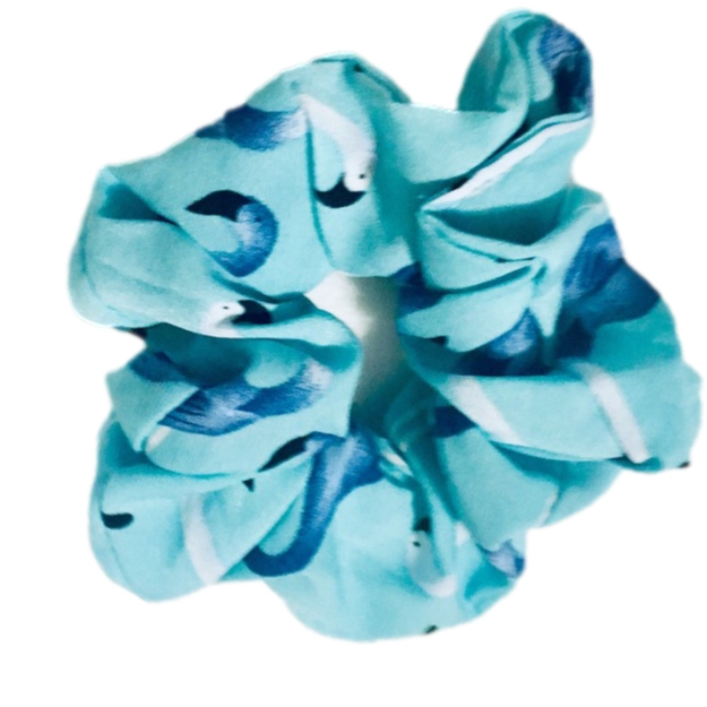 Chiffon Teal Hair Scrunchie with Blue and White Birds